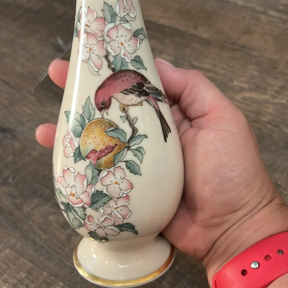 Lenox Serenade‎ Bud Vase Spring Cherry Blossom Bird Fruit 24k Gold Trim Flowers
